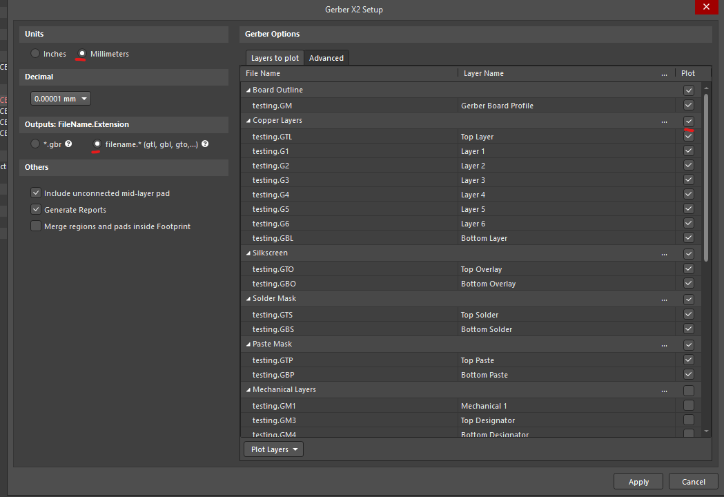 Settings for Gerber X2
