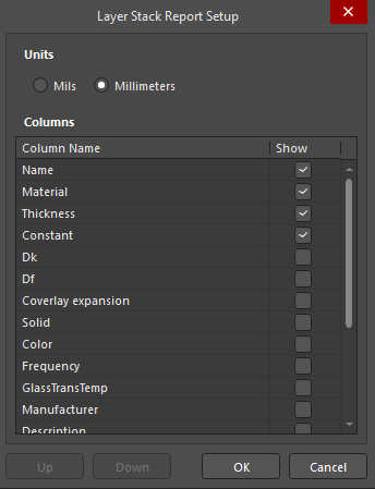 Settings for Layer stack