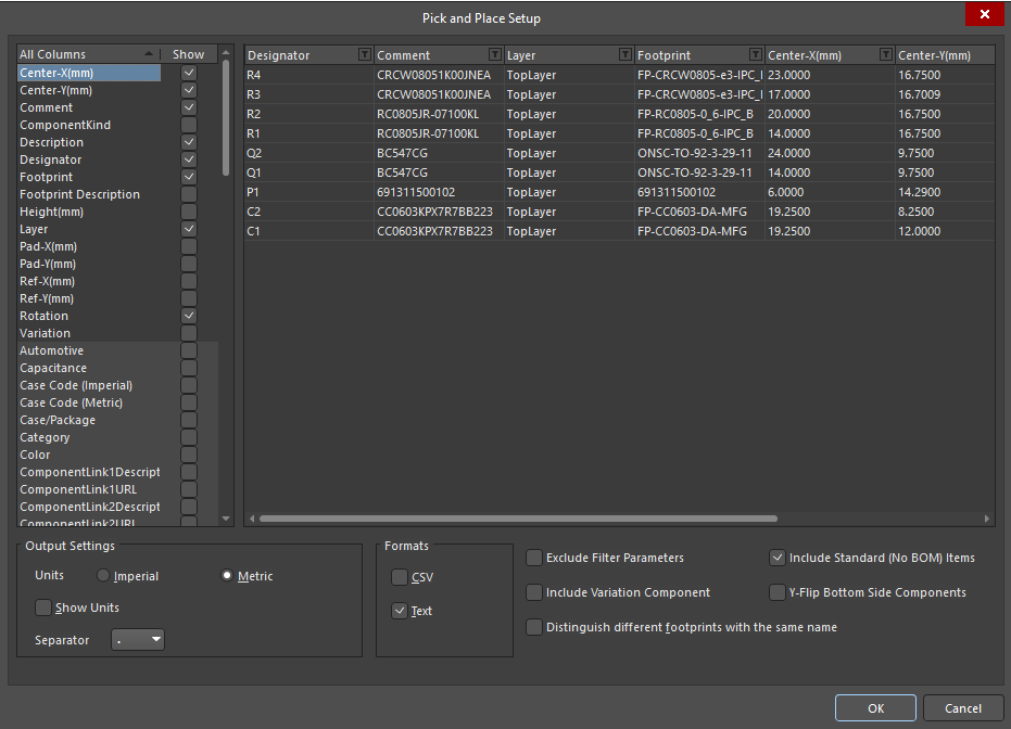 Settings for Pick and Place