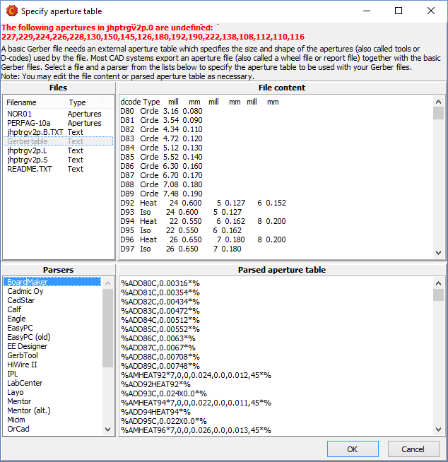 Specify apterture table