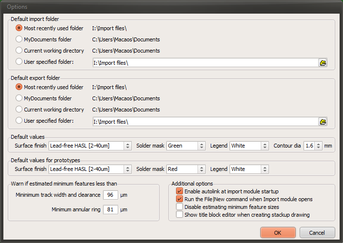 Import options dialog