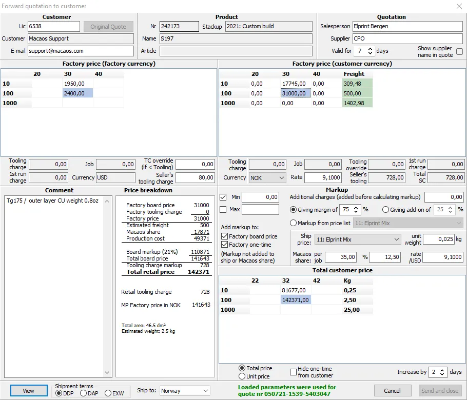 Forward quote to customer module